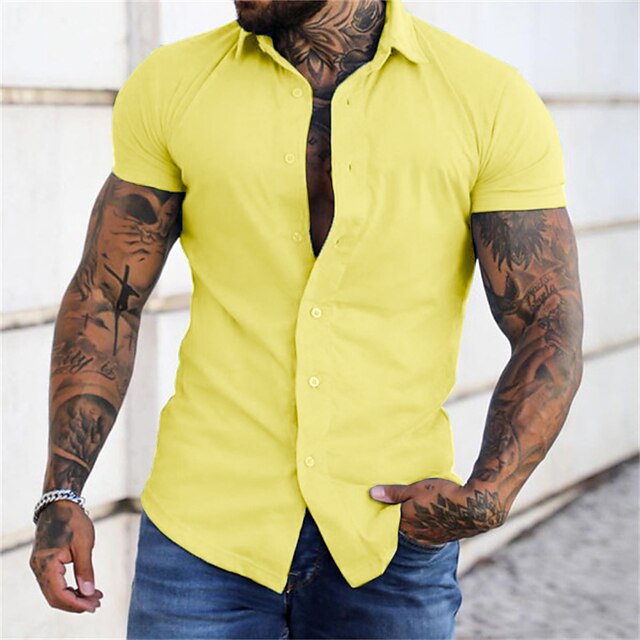Men's Shirt Button Up Shirt Summer Shirt Black Yellow Pink Red Dark Navy Short Sleeve Letter
