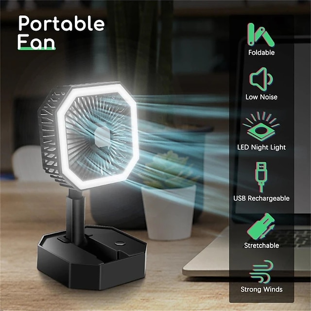  Ventilador portátil recargable ángulo de altura ajustable con luz led mini ventilador plegable usb ventilador personal para viajes oficina hogar