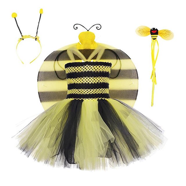  חיות דבורה שמלות שמלת ילדה פרח שמלות טול בנות תחפושות משחק של דמויות מסרטים קוספליי צהוב ושחור צהוב יום הילד נשף מסכות שמלה
