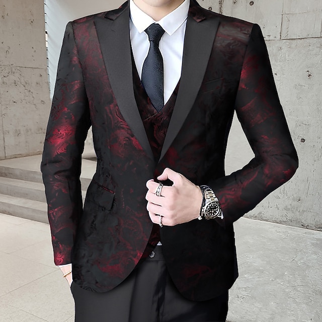  Men's Wedding Tuxedos Black Red Printing Standard Fit 3 Piece Single Breasted One-button