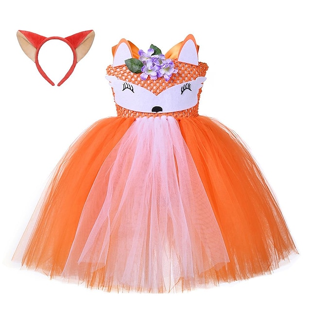  Animals Fox Dress Flower Girl Dress Tulle Dresses Girls' Movie Cosplay Cosplay Red Fuchsia Orange Children's Day Masquerade Dress