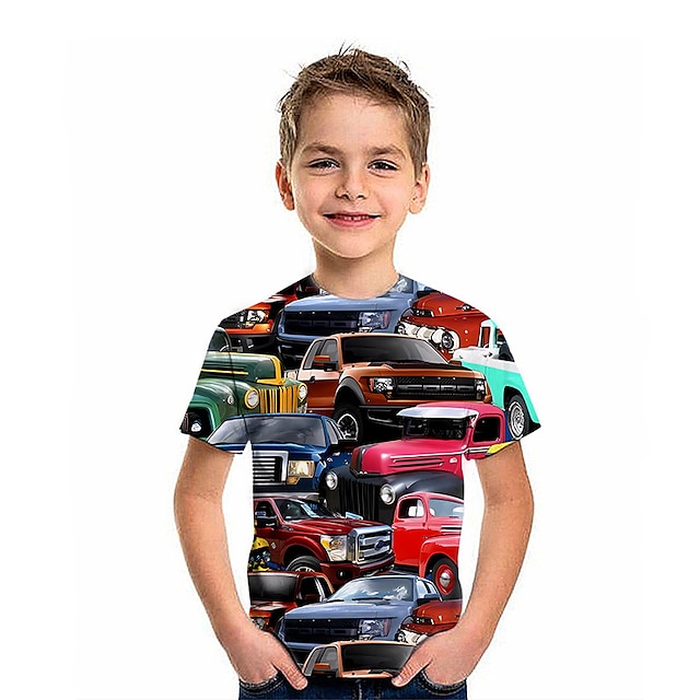  kinderkleidung Jungen T-Shirt Tee Graphic Auto Kurzarm Rundhalsausschnitt Kinder oben Outdoor 3D-Druck Sport Modisch Cool Sommer Rote 2-13 Jahre