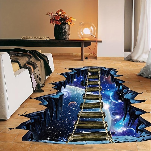  3d立体ウォールステッカー宇宙惑星シングル木製ブリッジ床ステッカーホーム背景床装飾
