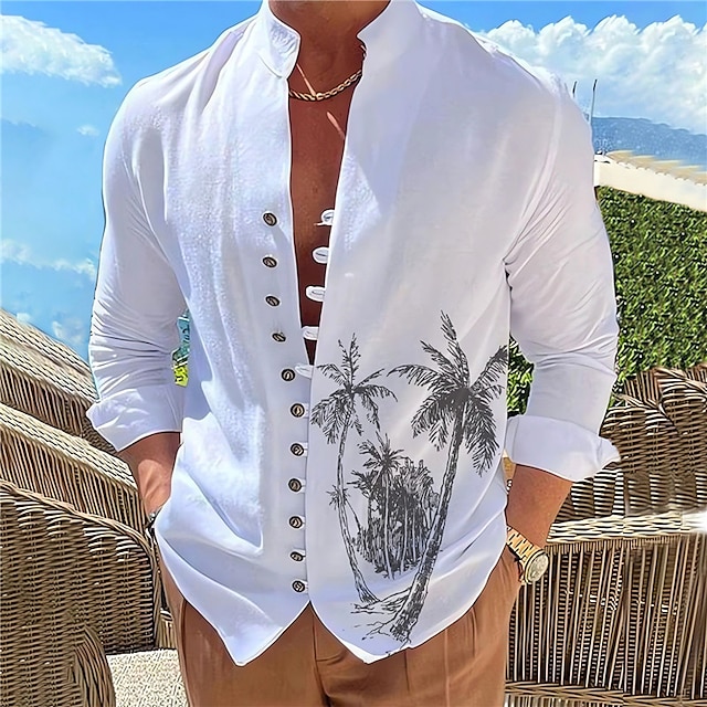  Men's Shirt Summer Hawaiian Shirt Stand Collar Coconut Tree Graphic Prints White Blue Green Khaki Gray Outdoor Street Print Long Sleeve Clothing Apparel Fashion Designer Casual Comfortable