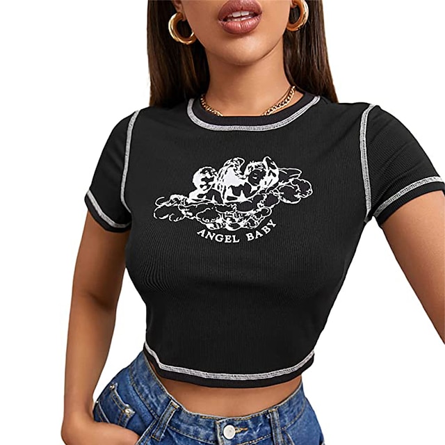  naisten t-paita t-paita t-paita y2k-tyylinen katutyylinen toppi aikuisille e-tytön graafinen printti t-paita kawaii lyhythihainen scoop-kaula-paita tytön kesävaatteet