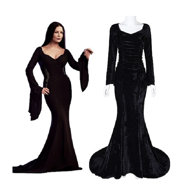  Miércoles Addams familia addams morticia addams Vestidos Mujer Cosplay de película Moda Negro Mascarada Vestido