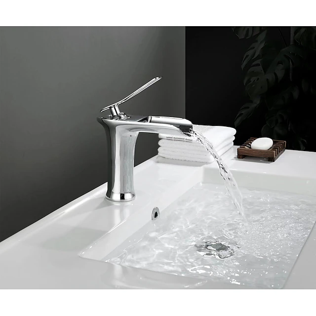 Waterfall Bathroom Sink Mixer Faucet 4.7" Spout, Mono Wash Basin Single Handle Basin Taps Washroom with Hot and Cold Hose, Monobloc Vessel Water Brass Tap Deck Mounted 17
