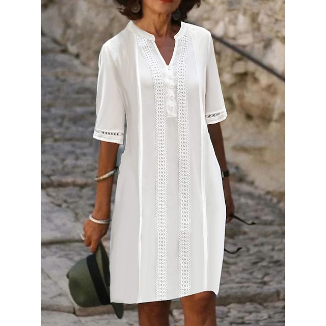 Women's Casual Dress White Dress Summer Dress Plain Button Eyelet V ...