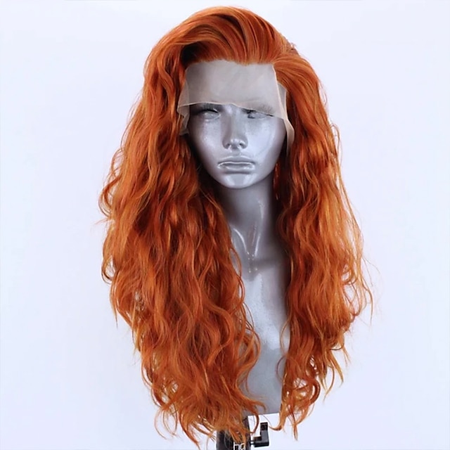  lång limfri syntetisk spets främre peruk orange lång vågig sidodel spets peruk syntetisk hår peruk för kvinnor peruk