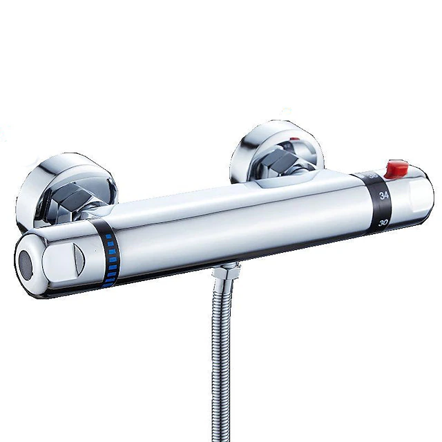 Thermostatic Shower Mixer Bar Wall Mounted Chrome, Shower Mixer Tap with 38℃ Anti Scald Safty Button, Outlet G1/2 Round Mixer Bar Wall Mount 13