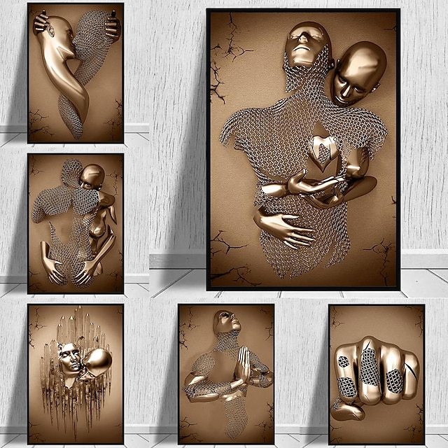  Abstract People Wall Art Canvas Love Couples Prints Painting Artwork Picture Kissing Hug Love Bronze Glitter Home Decoration Décor Rolled Canvas No Frame Unframed Unstretched