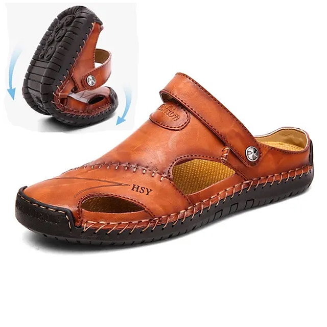  Bărbați Sandale Sandale din piele Mărime Plus Size Pantofi lucrați manual Pantofi de confort Plimbare Casual Plajă Piele Respirabil Loafer Buclă Maro Închis Negru Maro Vară Primăvară