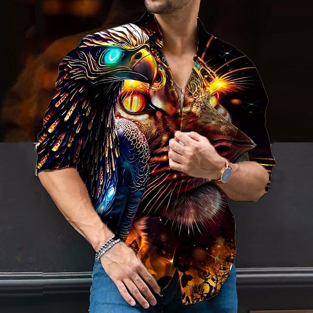 Hombre Camisa Animal Estampados Águila Cuello Vuelto Negro Exterior