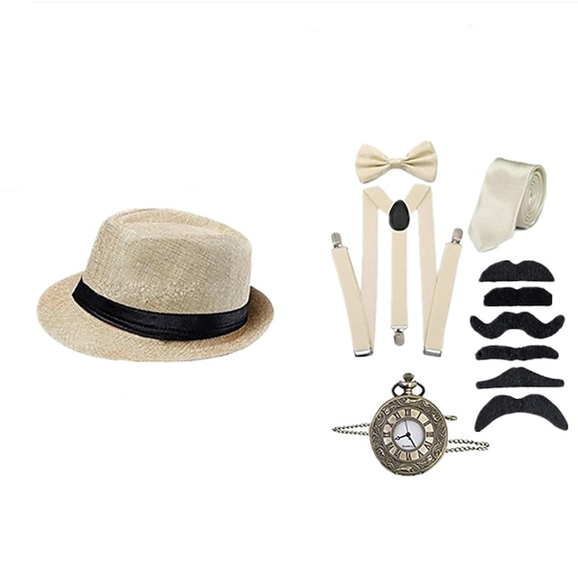 1920s Roaring Retro Men Costume Accessories Set Gangster Hat Fedora Hat ...