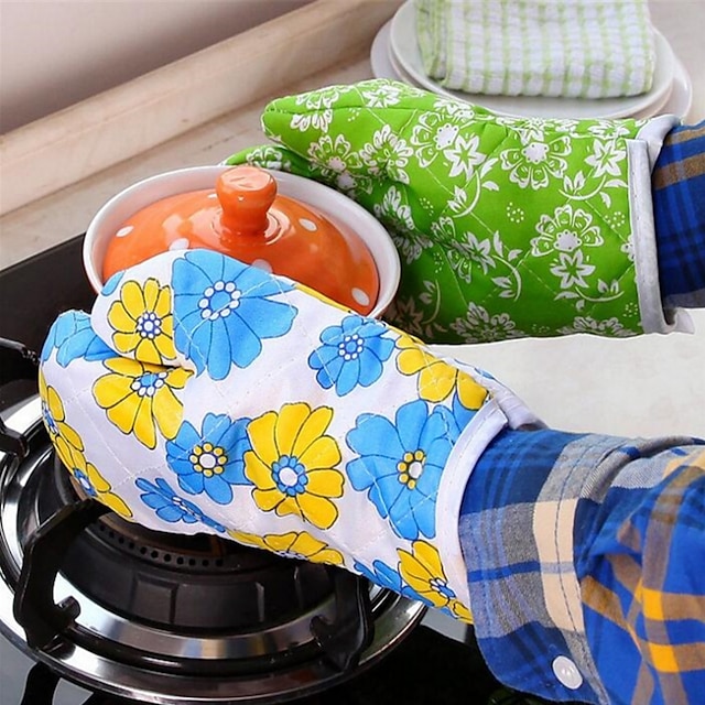 Mitten Microwave Oven Glove Cotton Insulated Baking Heat Resistant Gloves  Oven Mitts Terylene Non-slip Cute