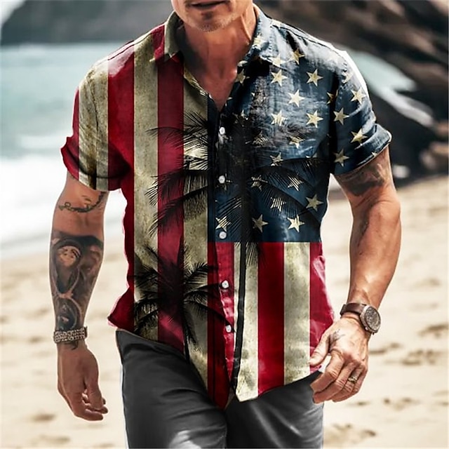  رجالي قميص قميص هاواي مطبوعات غرافيك عتيقة العلم الأمريكي طوي أحمر أزرق البحرية أزرق رمادي الأماكن المفتوحة شارع كم قصير طباعة ملابس موضة أناقة الشارع مصمم كاجوال