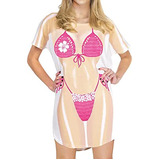 Funny Bikini Print Cover-Up Dress - Women's Short Sleeve Baggy T-Shirt Dress For Beach & Pool