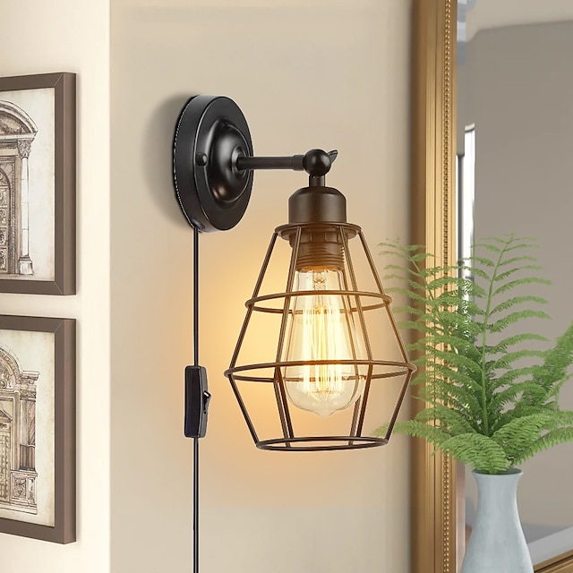  led wandlamp plug-in kooi wandlamp industriële wandlamp met stekker snoer rustieke wandlamp aan/uit schakelaar retro wandlamp voor hoofdeinde slaapkamer