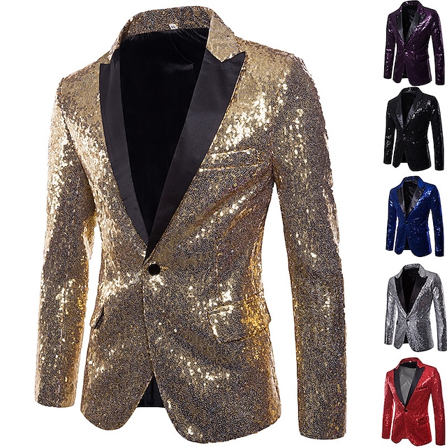  Herr Kavaj Prestanda Cocktailfest Punkmode Vår Höst Paljett Ensfärgat Ficka Skinande Enkelknäppt med Ett Knapphål Blazer Silver Svart Rubinrött Blå