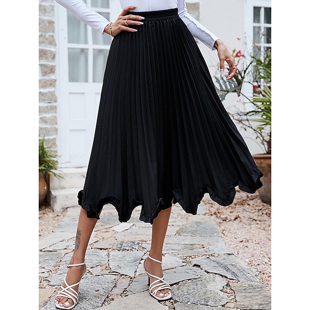  Women's Skirt Swing Polyester Midi Black Rose Skirts Pleated Ruffle Daily Weekend Casual S M L