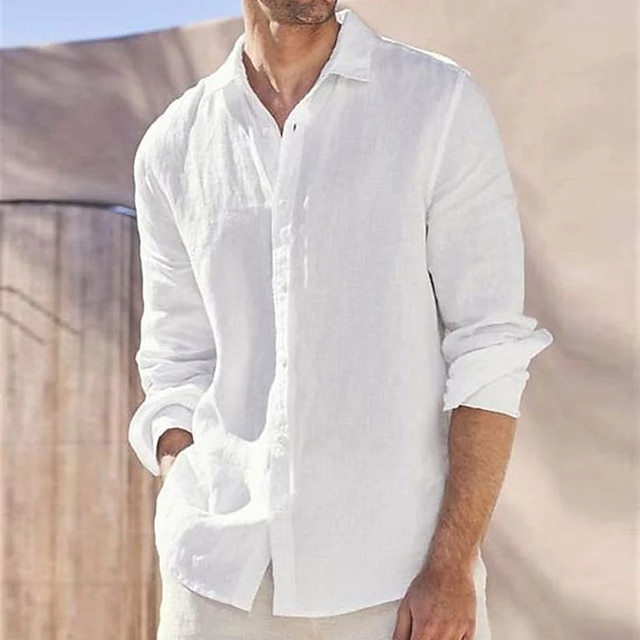  Men's Shirt Linen Shirt Summer Shirt Beach Wear Casual Shirt Button Up Shirt Plain Vacation Curise White Pink Blue Gray Long Sleeve Lapel Spring & Summer Clothing Apparel