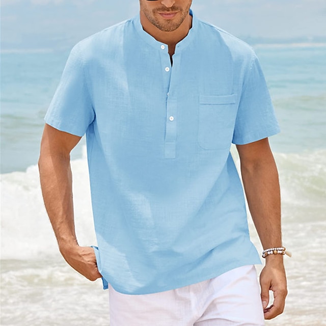  Men's Shirt Linen Shirt Summer Shirt Beach Shirt Black White Pink Plain Short Sleeve Summer Henley Casual Daily Clothing Apparel Pocket