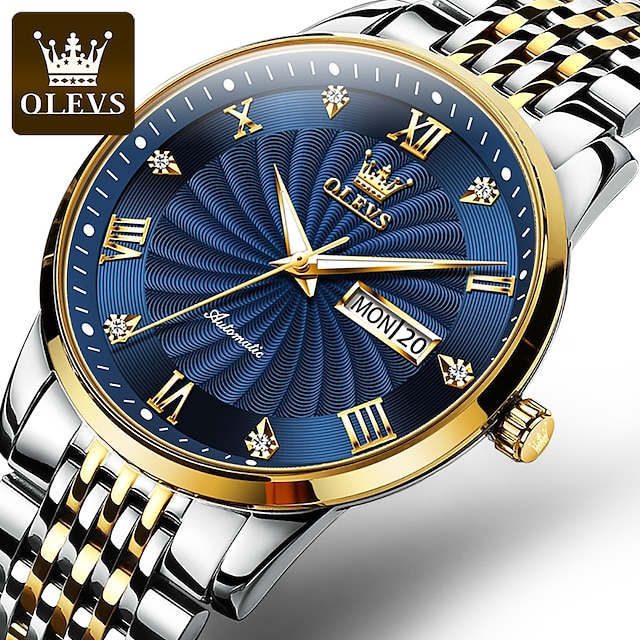  OLEVS Men Mechanical Watch Large Dial Business Minimalist Analog Mens Wristwatch Automatic Self-winding Luminous Calendar Date Week Stainless Steel Watch Father's Day Gift