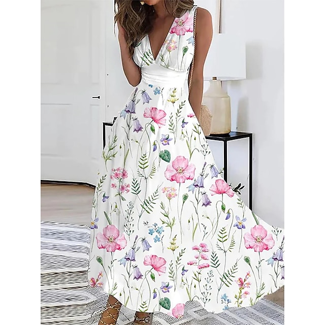  Women's Casual Dress Swing Dress A Line Dress Long Dress Maxi Dress Fashion Streetwear Floral Print Outdoor Daily Date V Neck Sleeveless Dress Regular Fit White Summer Spring S M L XL XXL