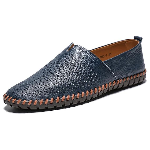 Men's Blue Breathable Slip-On Loafers with Perforated Upper and Hand-Stitched Sole, Casual Leather Moccasins for Summer Driving, Travel and Daily Wear 14