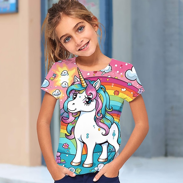  Pige 3D Grafisk Regnbue enhjørning T-shirt Kortærmet 3D-udskrivning Sommer Forår Aktiv Mode Sød Stil Polyester Børn 3-12 år udendørs Afslappet Daglig Regulær