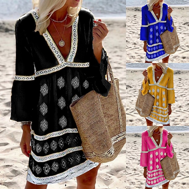  Dámské Krátké mini šaty Mini šaty Etnické šaty Úpletové šaty Boho šaty prázdniny Klasické Na běžné nošení Venkovní Dovolená Plážové Běžný Geometrický Dlouhý rukáv Do V Černá Vodní modrá Zlatá Léto