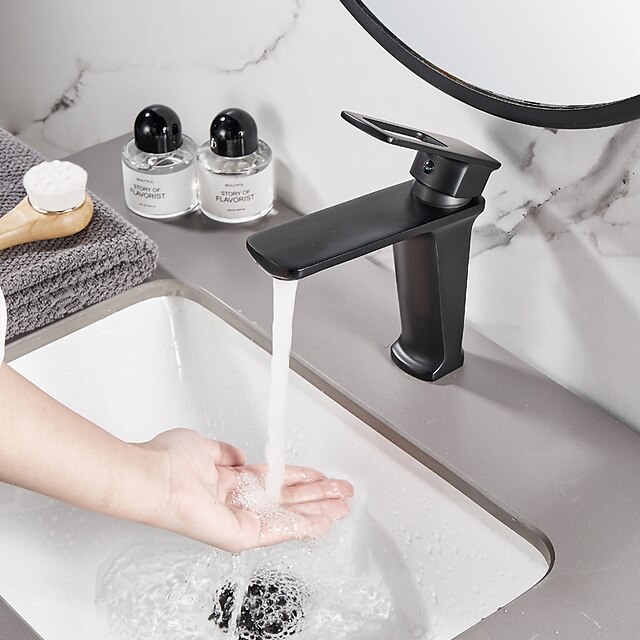  Bathroom Sink Mixer Faucet, Monobloc Washroom Basin Taps Single Handle One Hole Deck Mounted with Hot and Cold Hose