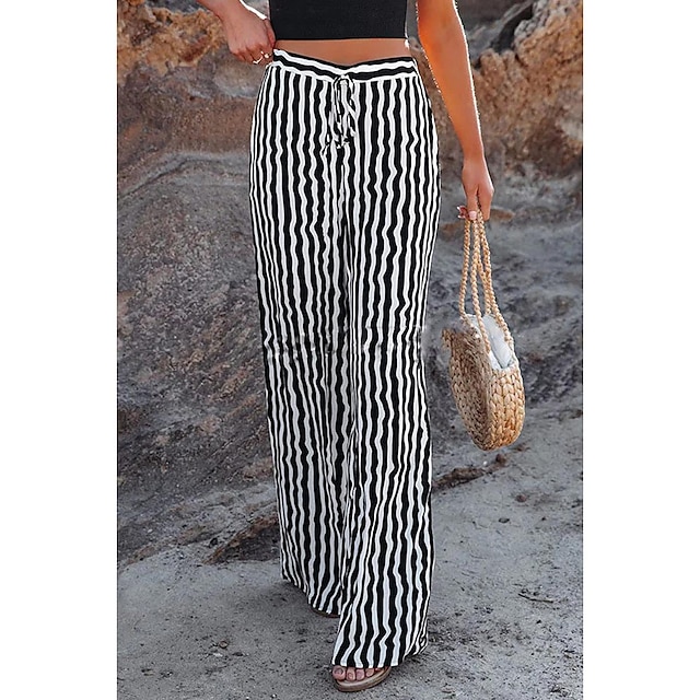  Women's Wide Leg Pants Trousers White Fashion Side Pockets Wide Leg Casual Daily Full Length Micro-elastic Striped Comfort S M L XL