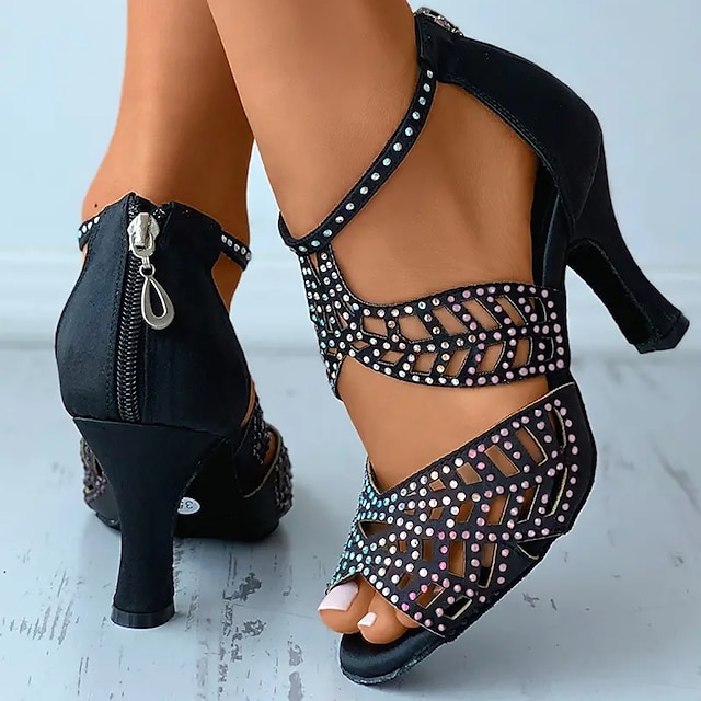  Women's Heels Sandals Plus Size Sparkly Hollow Sandals Party Outdoor Daily Summer Spring Rhinestone High Heel Peep Toe Zipper Satin Shoes   Elegant Sexy Classic Black Solid Color