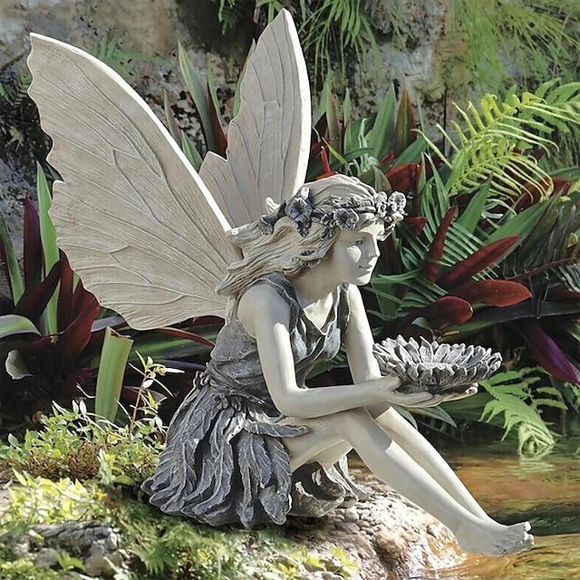  statuie zână, meșteșuguri cu înger zână, sculptură de grădină din rășină aripi de fluture flori elf decor în aer liber, pentru decorarea casei gazon terasa