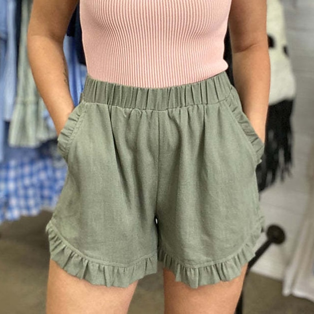  Women's Shorts Black Green Beige Fashion Ruffle Side Pockets Casual Daily Short Micro-elastic Plain Comfort S M L XL 2XL