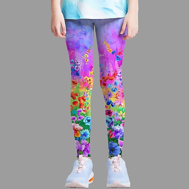  Kids Girls' Leggings Rainbow flowers Sport Toddlers pants Graphic Fashion Outdoor 7-13 Years Summer Purple/Active/Tights/Cute