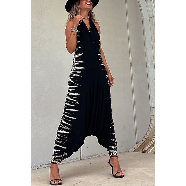  Women's Jumpsuit Striped Backless Patchwork Holiday Halter Bootcut Daily Holiday Sleeveless Regular Fit Sleeveless Black S M L Summer