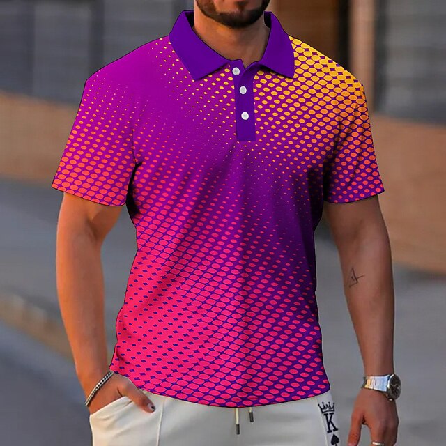 Men's Geometric Neon Polo Shirts Golf Shirt Short Sleeve Polo Shirts Collared Shirts Casual Vacation Wear Formal Wear Festival Wear Buttons 3D Print White Purple Gray4
