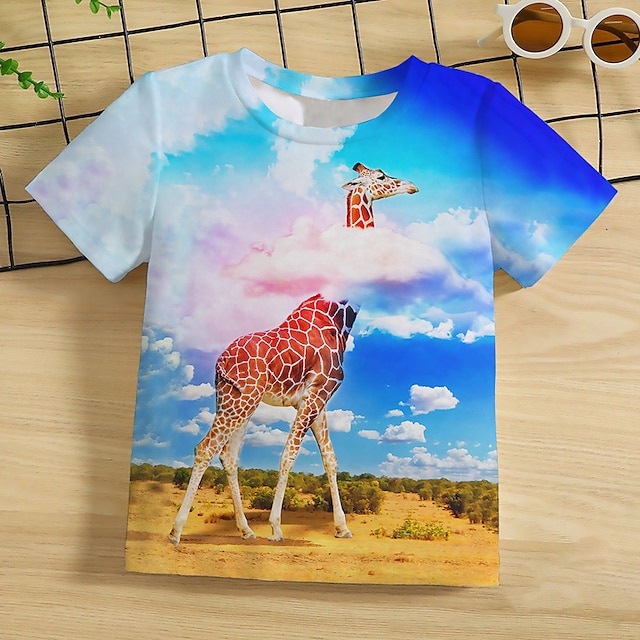  Drenge 3D Dyr Giraf Sky T-shirt Kortærmet 3D-udskrivning Sommer Forår Aktiv Sport Mode Polyester Børn 3-12 år udendørs Afslappet Daglig Regulær