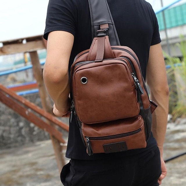  Vintage PU Leather Men Chest Backpack Casual Fashion Male Messenger Bags Backpack Crossbody Bags Small Sling Single Shoulder Bag