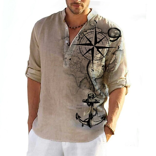 Men's Nautical Anchor Vintage Shirt Button Up Shirt Long Sleeve Vintage Fashion Streetwear Daily Going out Summer Spring Fall Stand Collar Print Brown Green Khaki Gray 5