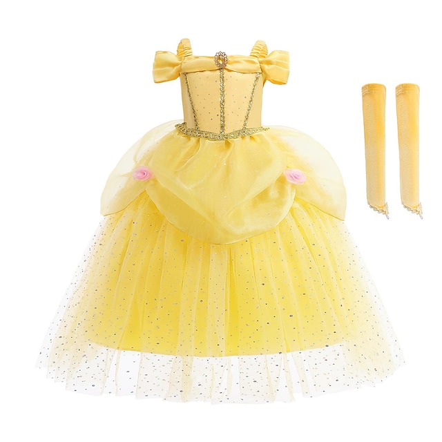  Belle Princess Dress Flower Girl Dress Tulle dress Girls' Beauty and Beast Movie Cosplay Costume Yellow Dress Masquerade Organza