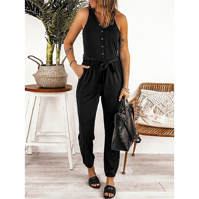  Women's Jumpsuit Solid Color Lace up Button Streetwear V Neck Street Daily Sleeveless Regular Fit Black Wine Army Green S M L Summer