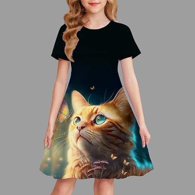  Girls' 3D Graphic Animal Cat Dress Short Sleeve 3D Print Summer Spring Sports & Outdoor Daily Holiday Cute Casual Sweet Kids 3-12 Years Casual Dress A Line Dress Above Knee Polyester Regular Fit