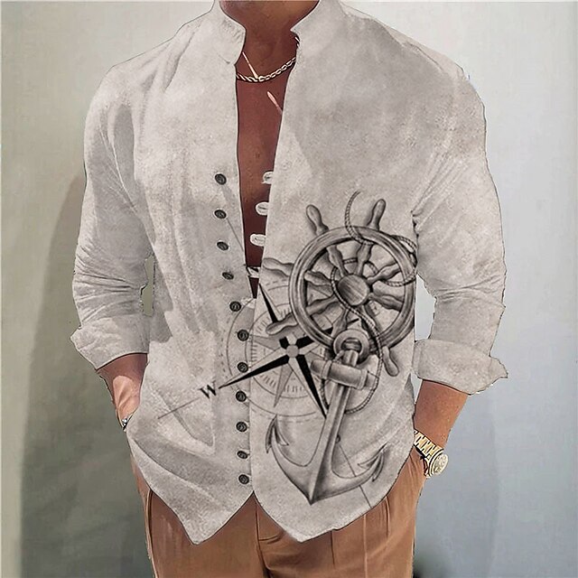 Men's Nautical Anchor Vintage Shirt Button Up Shirt Long Sleeve Vintage Fashion Streetwear Outdoor Casual Daily Summer Spring Fall Stand Collar Print White Yellow Blue Green Khaki 6