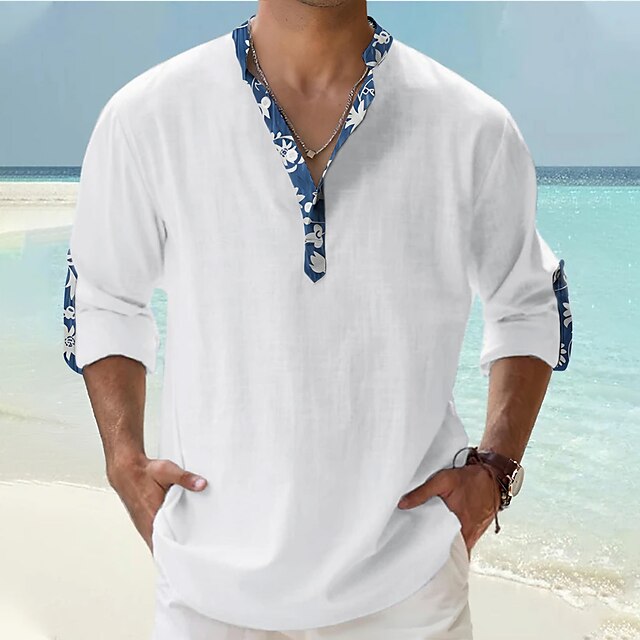  Herr Blommig Tropiska blommor Skjorta Hawaii skjorta Aloha skjorta Långärmad Skjorta Hög krage Mode Streetwear Designer Utomhus Gata Ledigt Svart Vit Rodnande Rosa S M L