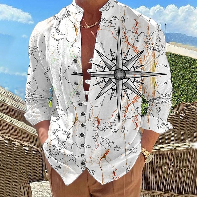  Men's Shirt Graphic Prints Vintage Compass Stand Collar White Green Gray Outdoor Street Long Sleeve Print Clothing Apparel Vintage Fashion Streetwear Designer