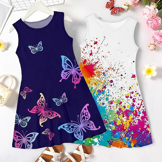  Girls' Casual Dress A Line Dress Tank Dress Sleeveless Graphic Butterfly 3D Printed Graphic Dresses Above Knee Cute Casual Sweet Dress Polyester Summer Spring Kids Regular Fit Sports & Outdoor Daily
