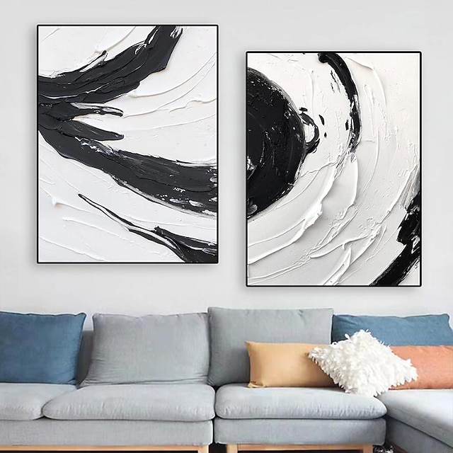  peint à la main noir et blanc texturé peinture à la main abstraite minimaliste art chambre décoration murale toile peinture toile tendue